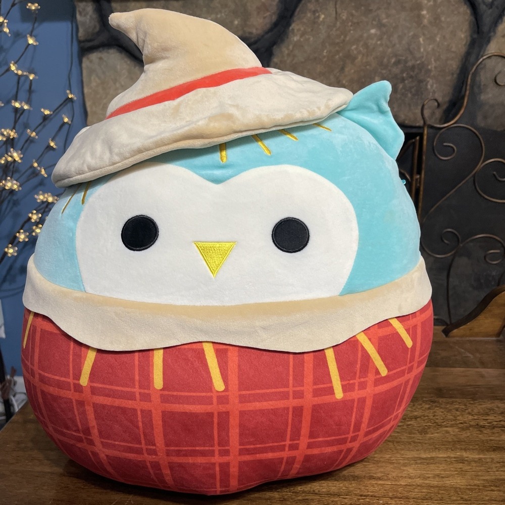 Squishmallows Winston Owl Scarecrow Kids 12 Inch Blue Red Excellent Fall Plush